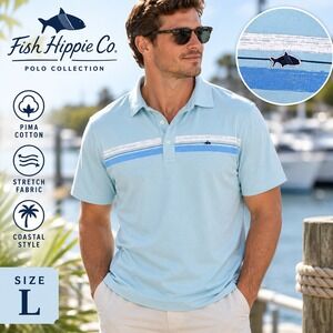 Fish Hippie Co Polo Mens L Blue Shirt Pima Cotton Stretch Stripe Short Sleeve